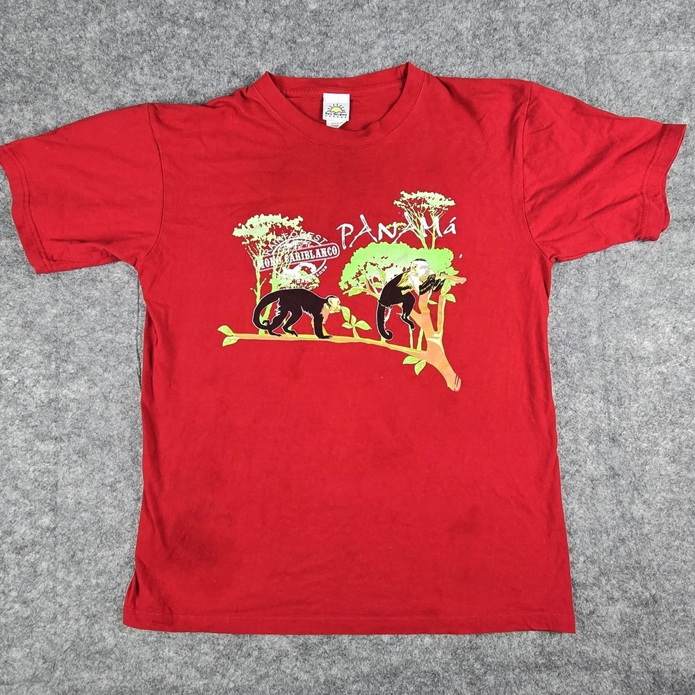 New Horizons Panama Shirt Mens Medium Red Rainforest Mono Cariblanco Monkey Tee - Picture 2 of 11